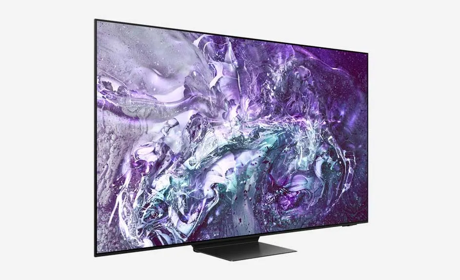 Een zwarte tv met een paarse en witte abstracte afbeelding op een grijze achtergrond.