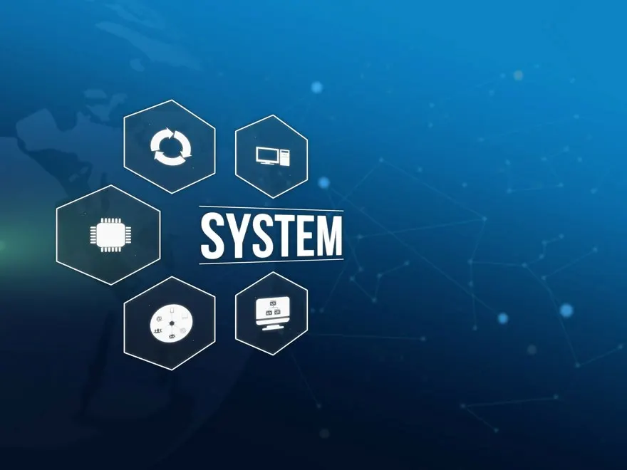 Witte tekst "SYSTEM" met hexagoonvormige iconen op blauwe achtergrond. Iconen: computer, chip, diskette, monitor, download.