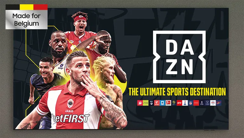 Image promotionnelle DAZN avec logo blanc sur fond noir. En arrière-plan, divers athlètes et drapeaux de ligues sportives.