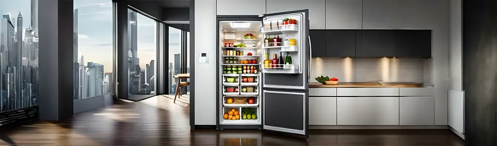 Een open koelkast gevuld met eten in een moderne keuken met een groot raam met uitzicht op een stad.