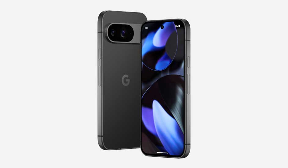 Zwarte Google-telefoon, achterkant toont camera en logo, scherm met blauw en zwart patroon, op witte achtergrond.