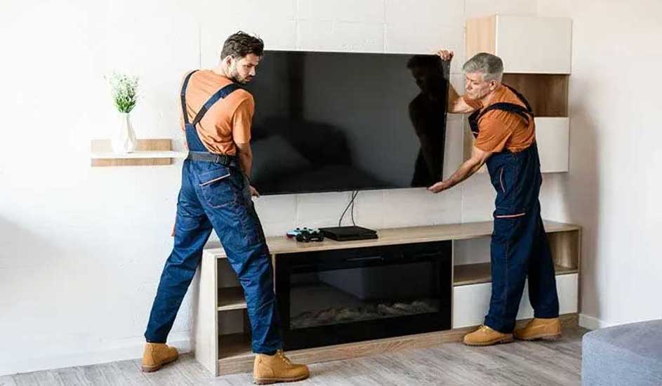 Two people in workwear set up a large flat-screen TV on a wooden cabinet in a bright, modern living room. No brand is visible.