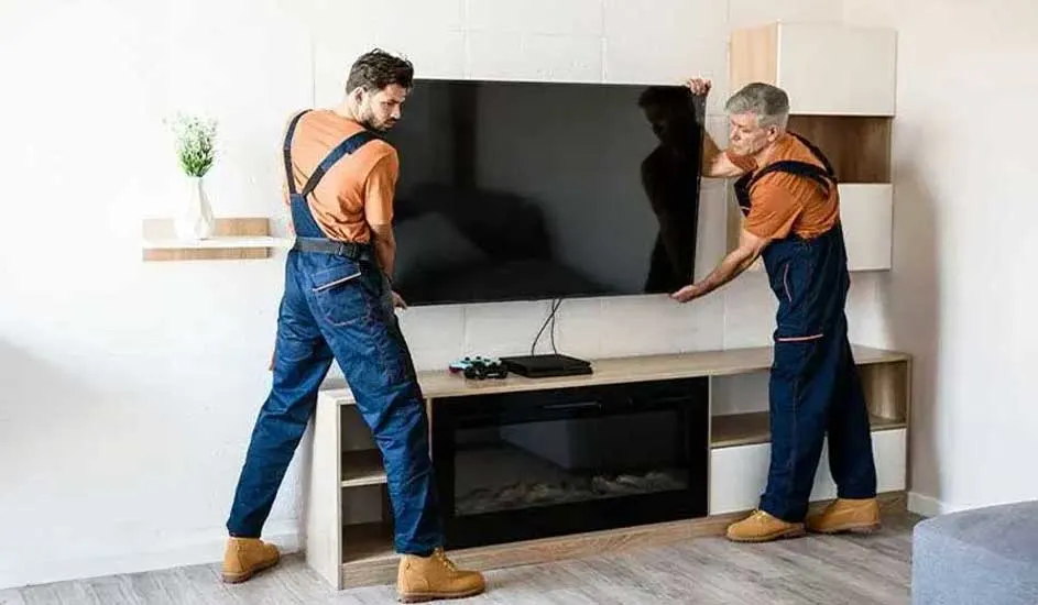 Two people in workwear set up a large flat-screen TV on a wooden cabinet in a bright, modern living room. No brand is visible.