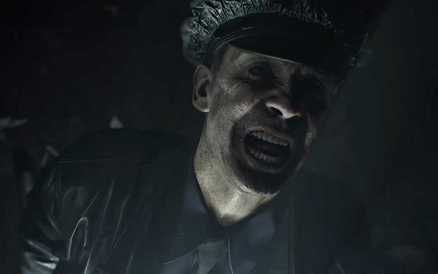 A menacing police officer or zombie with a twisted face and open mouth emerges threateningly from the shadows.