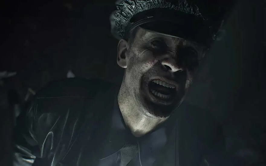 A menacing police officer or zombie with a twisted face and open mouth emerges threateningly from the shadows.