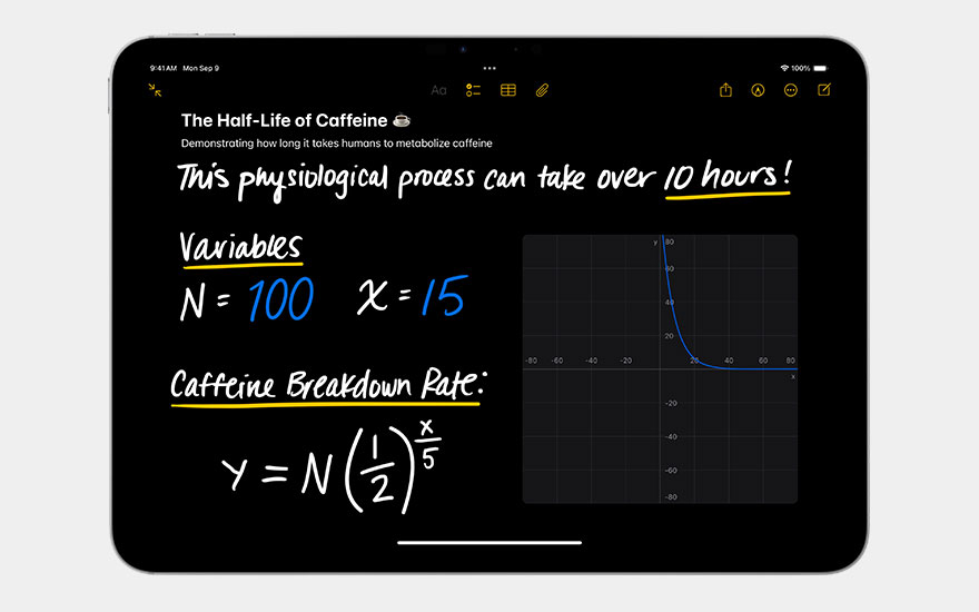 iPad displays educational notes app about caffeine half-life with mathematical formulae, variables and exponential graph shown.