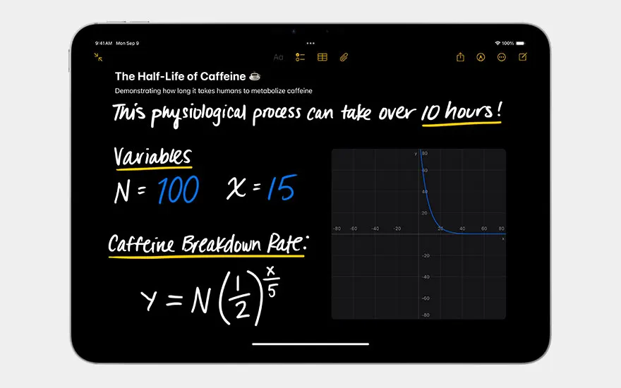 iPad displays educational notes app about caffeine half-life with mathematical formulae, variables and exponential graph shown.