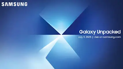 Samsung Galaxy Unpacked evenement aangekondigd voor 9 juli 2025 om 16:00 uur, live te volgen op samsung.com met blauw geometrisch design.