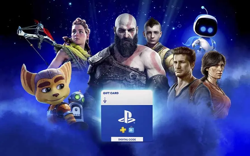 Une carte cadeau PlayStation avec code numérique affichée sur un fond bleu, entourée de personnages de jeux populaires et d'éléments robotiques de l'univers PlayStation.