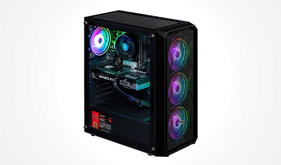 PC gamer noir avec panneau latéral en verre; trois ventilateurs RGB à l’avant et un dedans, carte graphique GeForce RTX visible.