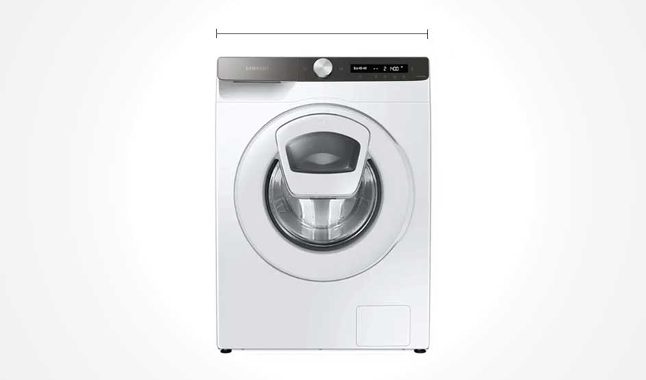 Witte Samsung‑wasmachine met ronde deur en extra klep, frontaal op effen achtergrond, met zwarte horizontale breedtelijn erboven.