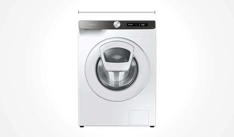 Witte Samsung‑wasmachine met ronde deur en extra klep, frontaal op effen achtergrond, met zwarte horizontale breedtelijn erboven.