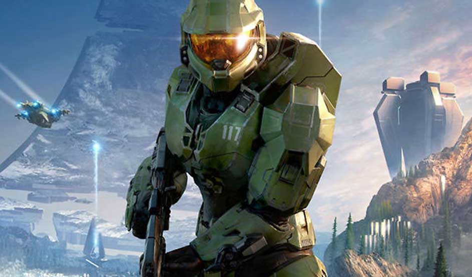 Un soldat en armure verte tient une arme sur un paysage extraterrestre. Marque : Halo.