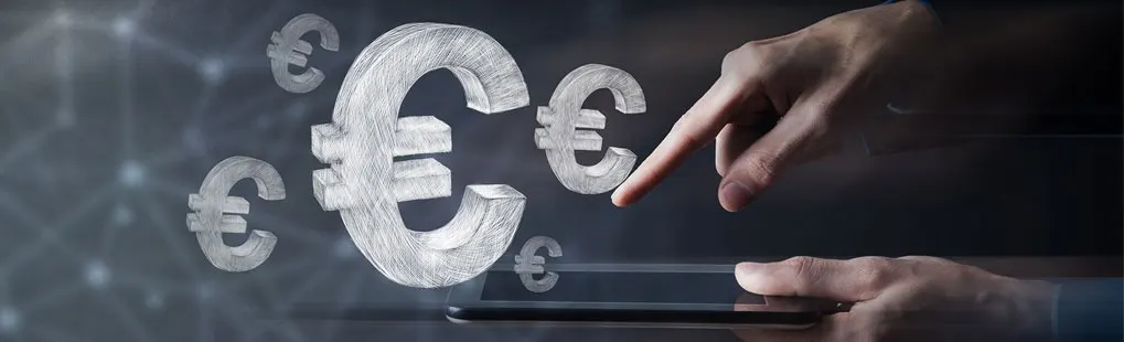 Hands hover over a tablet as floating chalk-style euro symbols emerge from the screen, suggesting digital finance or mobile payments. No brand shown.