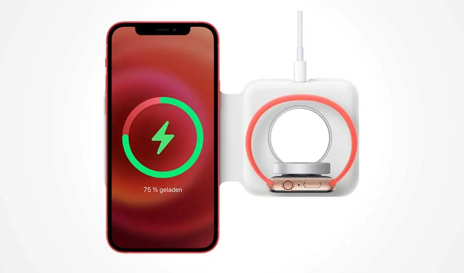 Un smartphone rouge affiche un cercle vert indiquant 75% chargé; à côté, un socle blanc recharge aussi une montre par aimants.