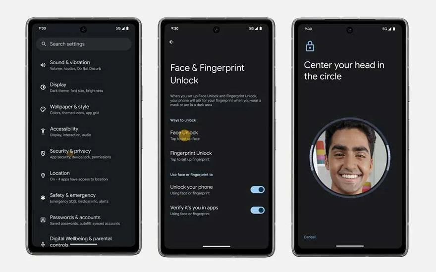 Trois écrans de smartphone affichent les paramètres de sécurité, y compris la reconnaissance faciale et d'empreintes digitales.