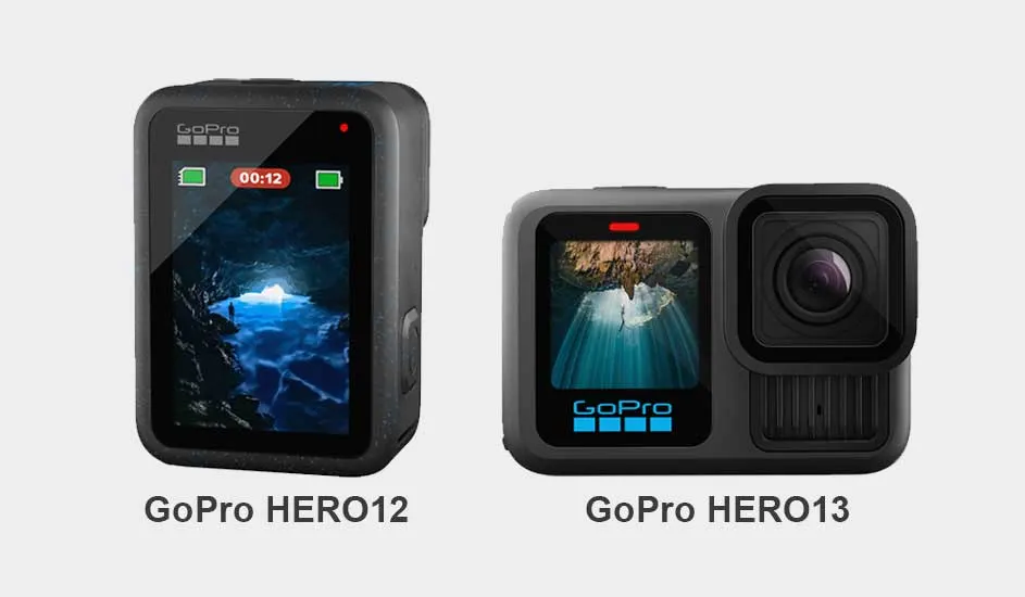 Twee GoPro camera's, een HERO12 met een rechthoekig scherm en een HERO13 met een vierkant scherm, beide tonen een grot.