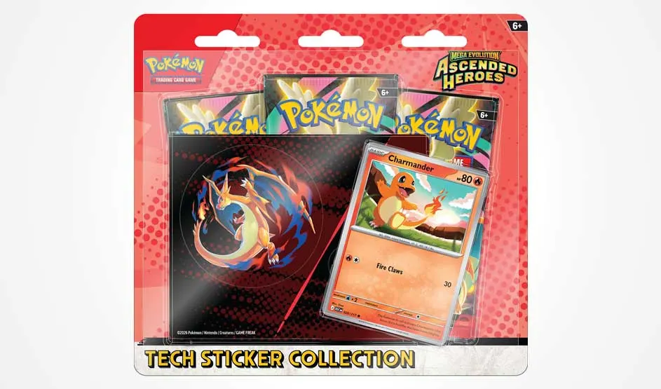 Een rode Pokémon-verpakking toont drie boosterpacks, een Charmander-kaart en een techsticker met Charizard op blinkende achtergrond.