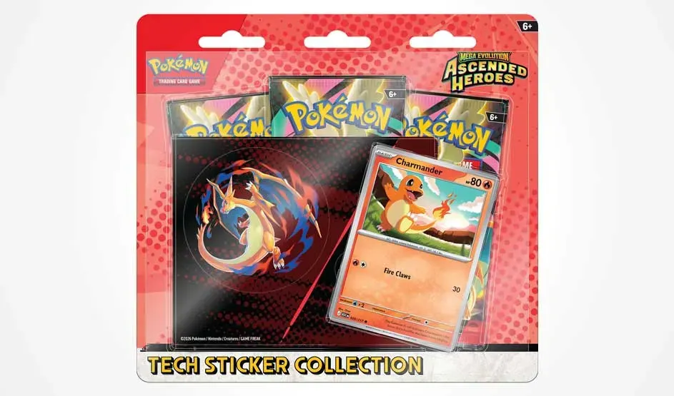 A red Pokémon pack displays three booster packs, a Charmander card and a Charizard tech sticker on a glossy red background.