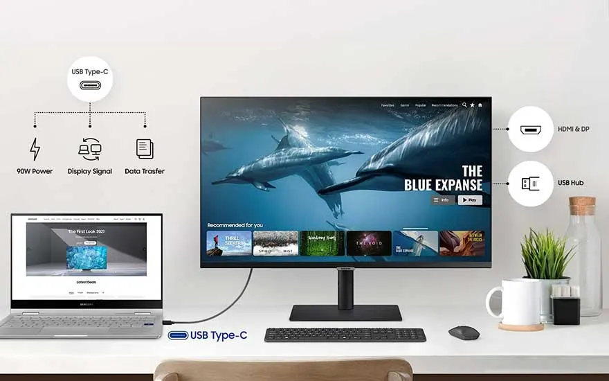 Een bureau met een laptop, monitor met dolfijnen, toetsenbord, muis, mok, plant en fles water.