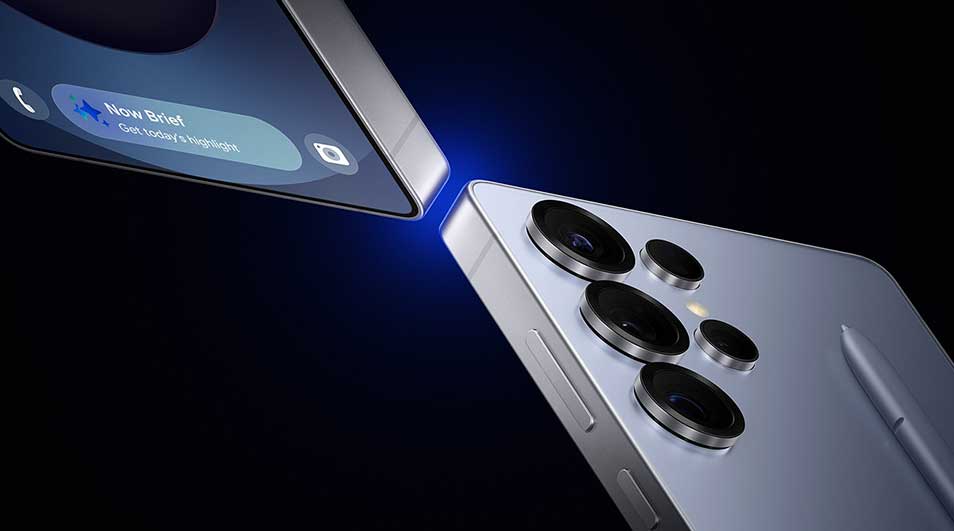 Two modern smartphones featuring advanced camera systems, displayed against an elegant dark blue background with dramatic lighting effects.