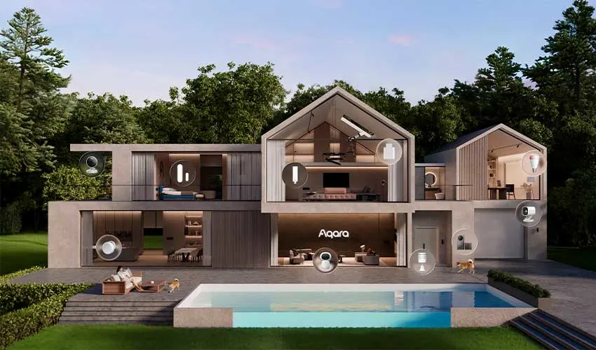 Une coupe d’une maison connectée moderne montre des appareils Aqara répartis dans les pièces, le jardin et près de la piscine au soir.