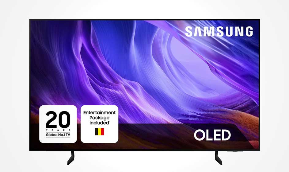Un téléviseur Samsung OLED affiche des vagues abstraites violettes; un encart mentionne un pack divertissement et la TV belge.