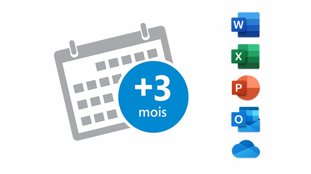 Icônes d'applications Microsoft (Word, Excel, PowerPoint, Outlook, OneDrive) à côté d'un calendrier avec "+3 mois".