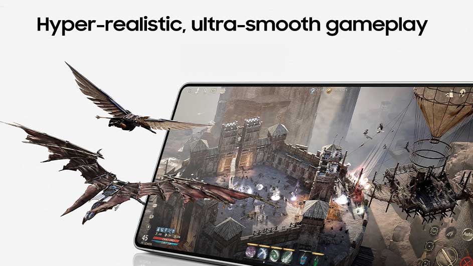 Un écran affiche un jeu vidéo avec des créatures volantes devant un château et un dirigeable, le tout sur fond blanc.