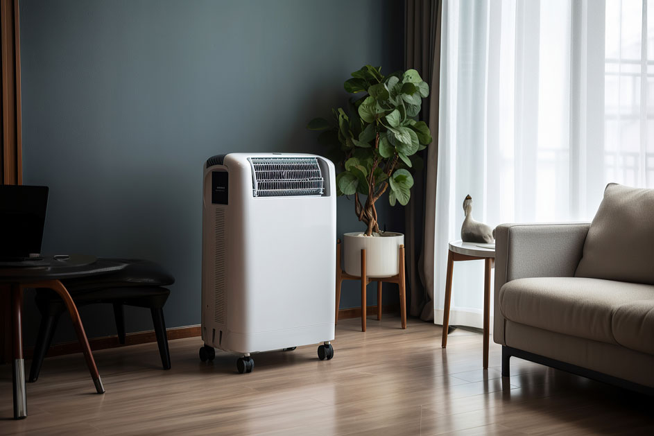 Een witte mobiele airco staat op een houten vloer in een kamer met een blauwe muur, een plant en een bank.