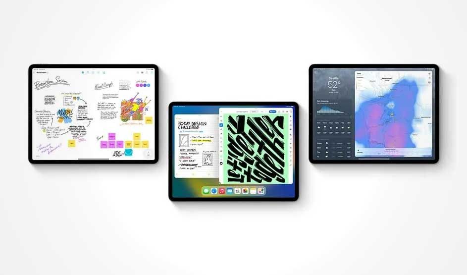 Drie tablets staan op een rij tegen een witte achtergrond. De schermen tonen schetsen, ontwerpuitdagingen en een weerkaart.