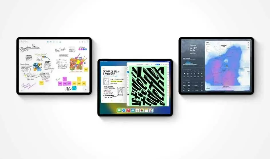 Drie tablets staan op een rij tegen een witte achtergrond. De schermen tonen schetsen, ontwerpuitdagingen en een weerkaart.