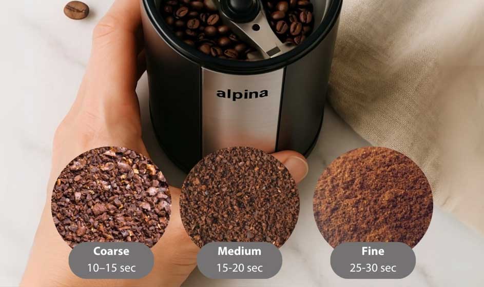 Een hand houdt een Alpina-koffiemolen met koffiebonen vast. Onderaan tonen drie voorbeelden grove, medium en fijne maling met hun bereidingstijden.