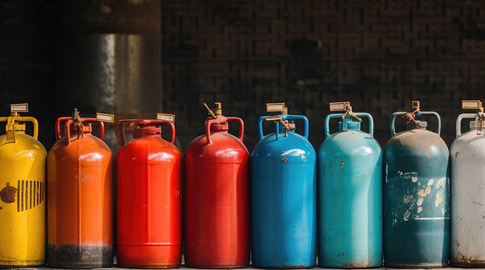 Rangée de bonbonnes de gaz colorées (jaune, orange, rouge, bleu, turquoise, blanc) avec des étiquettes sur un fond sombre.