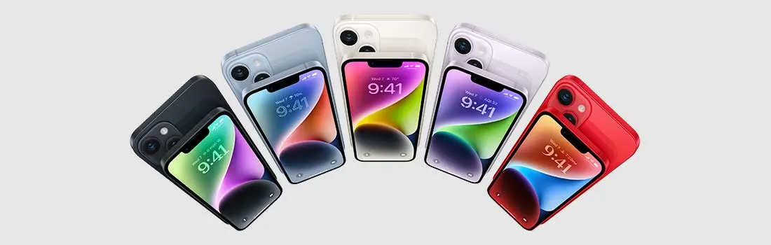 Zes iPhones in zwart, blauw, wit, paars en rood tonen het scherm met de tijd 9:41 tegen een grijze achtergrond.