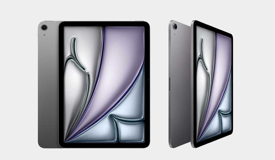 Twee grijze iPads staan tegen een witte achtergrond. Ze tonen een abstract, zilver en paars scherm.