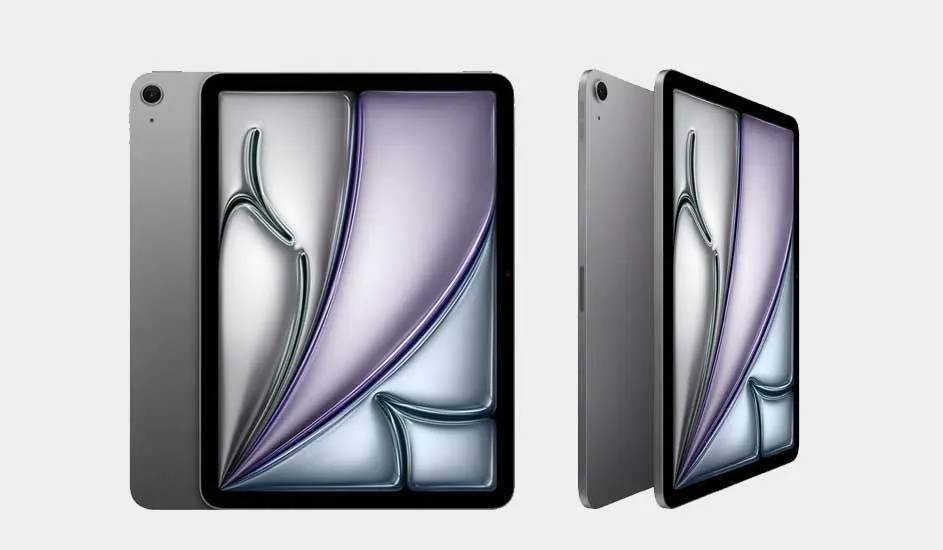 Deux tablettes grises sont présentées sur un fond blanc. Les écrans affichent un motif abstrait en argent et violet.