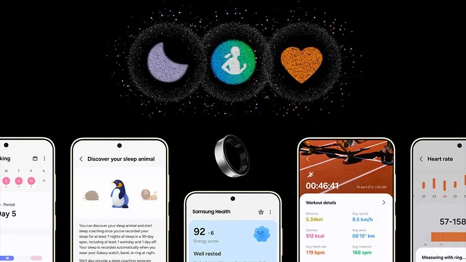 Zilveren ring zweeft boven schermen van vijf smartphones met gezondheids- en slaaptracking-apps tegen een zwarte achtergrond.