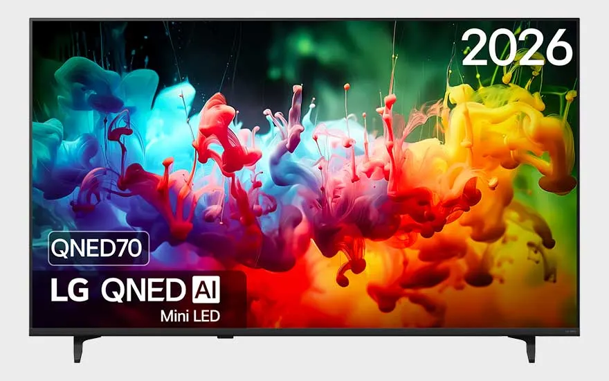 Un téléviseur LG QNED AI Mini LED montre des éclaboussures colorées en bleu, rose, rouge et jaune, avec mention 2026.