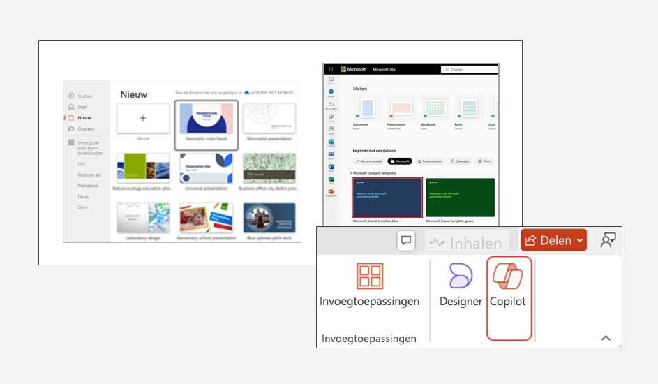 Schermopname van Microsoft Office, met "Nieuw" en "Maken" opties, en "Copilot" gemarkeerd in een menu.