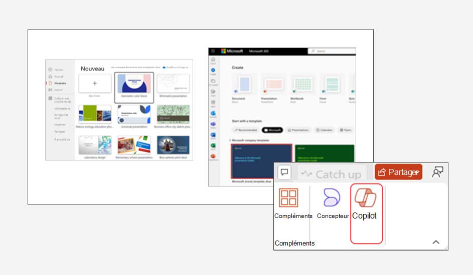 Capture d'écran de Microsoft 365 avec menus "Nouveau", "Partager" et "Copilot" mis en évidence.