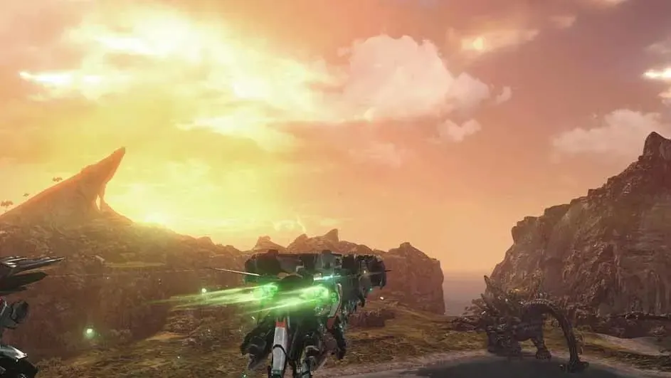 Gekleurd landschap met rotsen en een oranje lucht. Een robotachtig figuur schiet groene lasers.