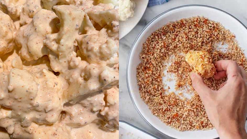 Gros plan de chou-fleur enrobé de sauce crémeuse. Main enrobe un morceau de chou-fleur de noix hachées dans une assiette blanche.