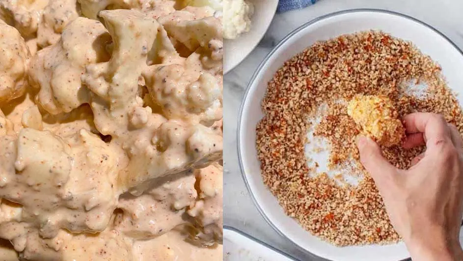 Gros plan de chou-fleur enrobé de sauce crémeuse. Main enrobe un morceau de chou-fleur de noix hachées dans une assiette blanche.