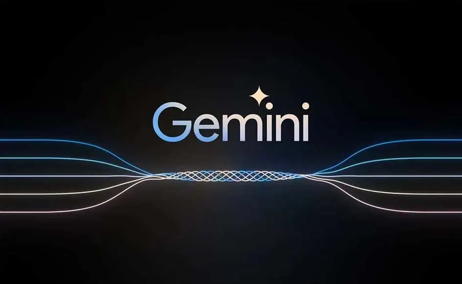 Logo "Gemini" met ster op zwarte achtergrond. Onder de naam zijn blauwe en witte lijnen die samenkomen.