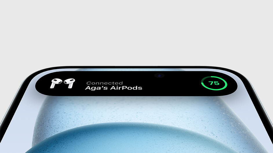 Zicht op een zwarte smartphone met melding 'verbonden Aga's AirPods' en batterijstatus 75% in een groene cirkel.