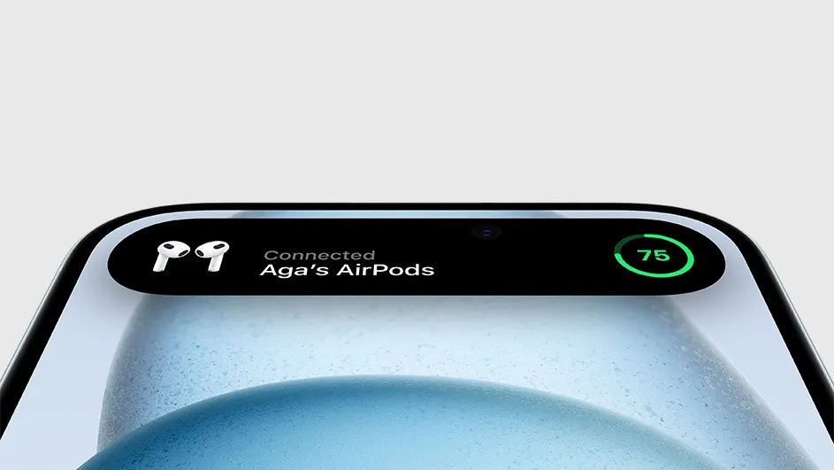 Gros plan d'un smartphone affichant l'état de connexion et la charge (75 %) d'AirPods. Fond d'écran bleu clair.