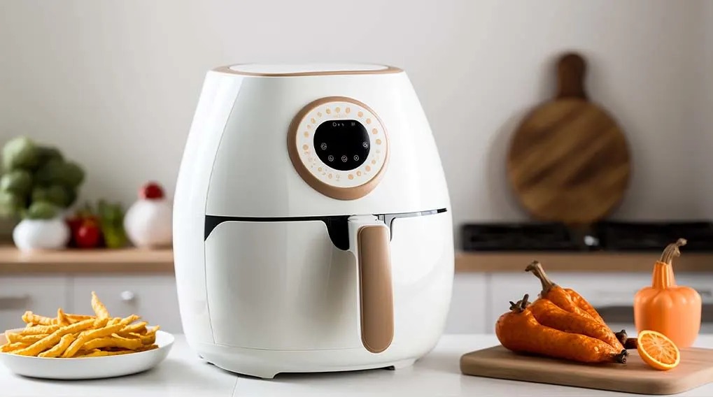 A white air fryer is on the kitchen counter with fries and vegetables. No brand name is visible on the device.