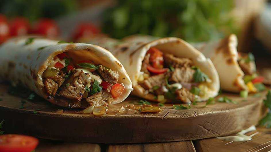 Trois wraps garnis de viande, de légumes et d'herbes, placés sur une planche à découper en bois. Des tomates et des herbes floues en arrière-plan.