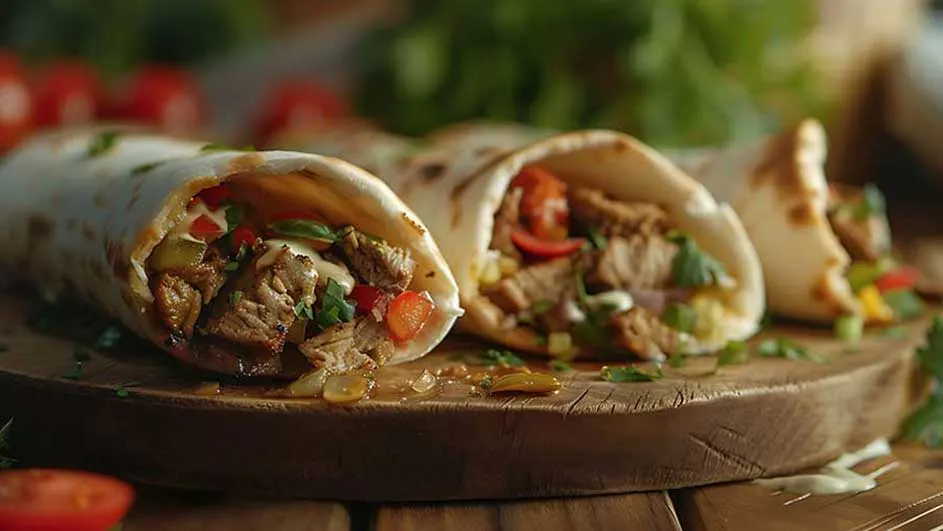 Trois wraps garnis de viande, de légumes et d'herbes, placés sur une planche à découper en bois. Des tomates et des herbes floues en arrière-plan.